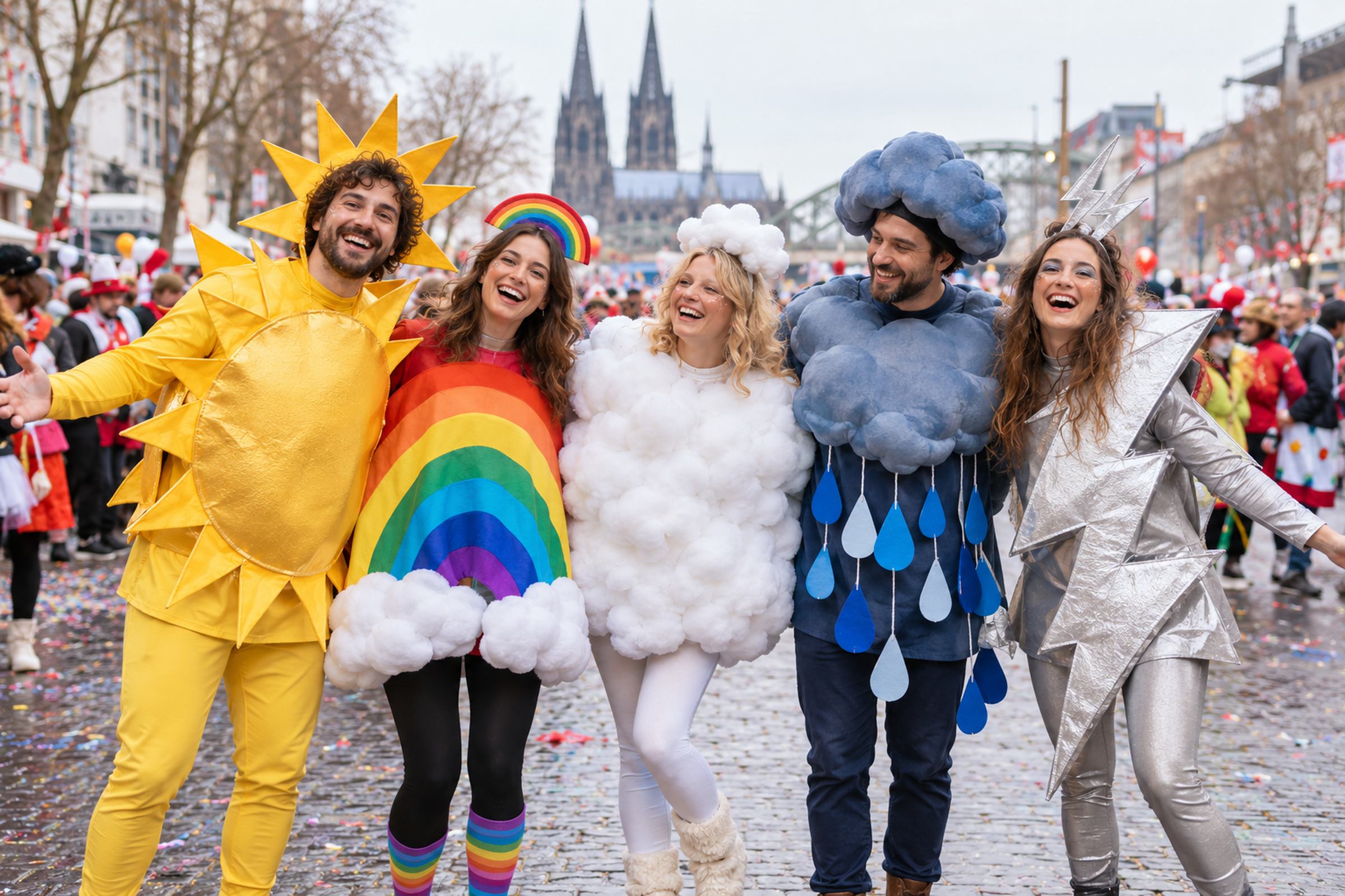 Fünf Personen im Gruppenkostüm als Wetter – Sonne, Regenbogen, Wolke, Regenwolke und Blitz – beim Straßenkarneval vor dem Kölner Dom